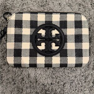 Tory Burch Black and Cream Gingham Logo Wristlet